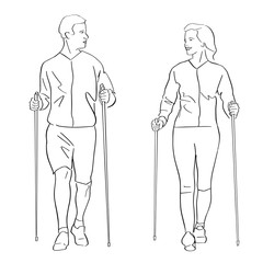 Nordic or scandinavian walking. Female and male silhouettes with sticks. Safe fitness for young couple. Black isolated contour. Hand drawn style. Vector outline. Graphic element.