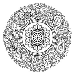 Circular pattern in form of mandala with flower for Henna, Mehndi, tattoo, decoration. Decorative ornament in ethnic oriental style. Outline doodle hand draw vector illustration.