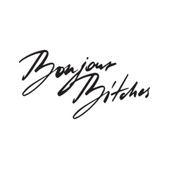 Bonjour Bitches cool modern typography. Girls greting, french hello word. Hand-drawn typography print. Calligraphy phrase for gift cards, decorative cards, beauty blogs. Stylish vector drawing. © milatoo