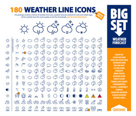 big vector set of thin line weather icons, huge pack of weather forecast design elements, complex presentation of isolated day & night weather symbols, the package contains a bonus holiday set as well - 282793776