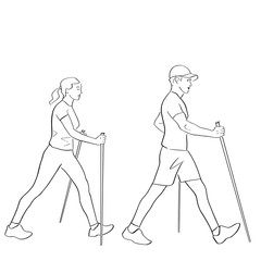 Nordic or scandinavian walking. Female and male silhouettes with sticks in profile. Safe fitness for young couple. Black isolated contour. Hand drawn style. Vector outline. Graphic element.