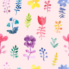 Vector seamless pattern with flowers and plants. On a pink background watercolor Floral decor. Original floral background. Pattern for textiles and baby clothes. EPS8 vector illustration