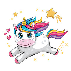 A cute funny unicorn is flying across the sky. Isolated illustration with cartoon and fabulous little pony, balloon, star and heart. Romantic story. Wonderland. Vector. © penochka1