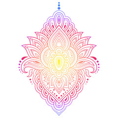 Colorful floral pattern for Mehndi and Henna drawing. Hand-draw lotus symbol. Decoration in ethnic oriental, Indian style. Rainbow design on white background.