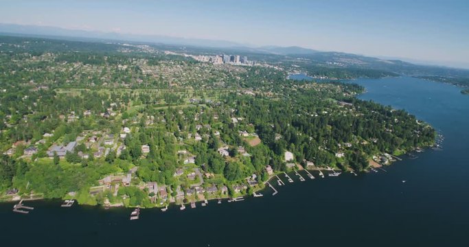 Summer Bellevue Washington Sunny Day Aerial View Helicopter Flying By Lake Washington