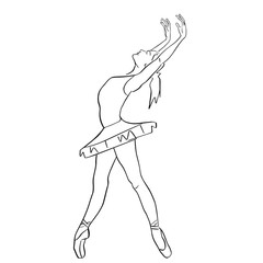 Ballerina in ballet tutu and pointe shoes on her toes. Classical dancer silhouette in elegant pose. Hand drawn outlines. Black lines drawing. Abstract vector isolated contour.