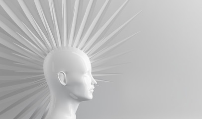 Abstract light background with female profile and stylized defiant fashionable Mohawk hairstyle 3D illustration