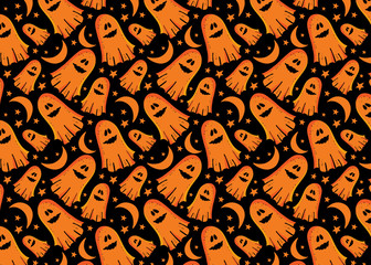 Obraz premium Vector seamless pattern fun Ghost among the stars and the month. Funky monster for Halloween. Design for textiles, paper, Wallpaper, packaging, banner,postcard, invitation, postcard. Festive