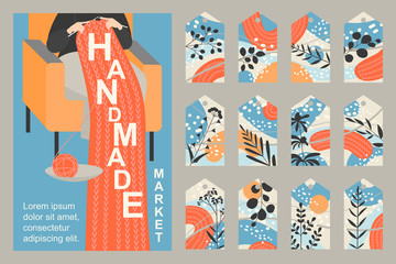 Banner with woman knitting scarf and tags for the handmade market