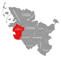 Fototapeta na wymiar Dithmarschen red highlighted in map of Schleswig Holstein Germany