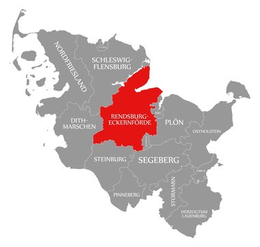 Rendsburg Eckernfoerde red highlighted in map of Schleswig Holstein Germany