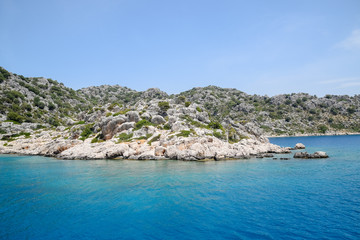 ruins of the ancient city of Kekova on the shore.