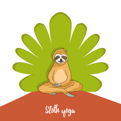 Adorable sloth sitting in yoga pose on green tree background. Tropical pattern for textile prints, a poster, cute stationery, a print for caps and t-shirts. Illustration