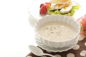 Homemade mushroom soup on white background
