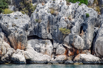 ruins of the ancient city of Kekova on the shore.