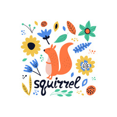 Hand drawn colofrul squirrel with flowers. Squirrel - word with cute design. Scandinavian style design. Vector illustration