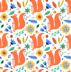Hand drawn seamless background with squirrels, leaves and flowers. Pattern with cute design. Scandinavian style design. Vector illustration