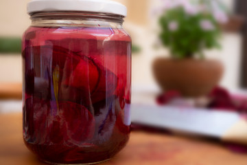 Jar of beetroot ferment in the garden