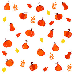 Vector graphics. Bright, cartoon pattern with different pumpkins and yellow leaves. Autumn pattern. White background. 