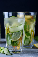 A cool drink with fresh fruit and ice. Peppermint, peach, lemon, lime.