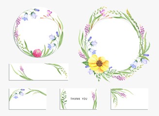 Floral set with wildflowers, cards, circles frames and template for your design. Vector illustration with flowers, bells and grass in watercolor style.