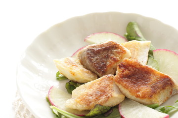 Freshness pan fried yellowtail fish Japanese radish on white background