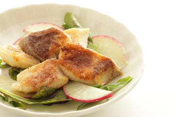 Freshness pan fried yellowtail fish Japanese radish on white background