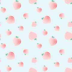 Рattern with peaches. Seamless kawaii pattern with pink peaches on light mint background. Vector 8 EPS.