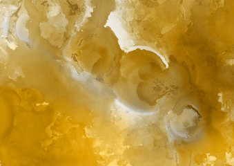 Hand painted gold alcohol ink background. Abstract delicate yellow texture. Contemporary wallpaper. 