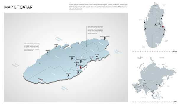 Vector set of Qatar country.  Isometric 3d map, Qatar map, Asia map - with region, state names and city names.