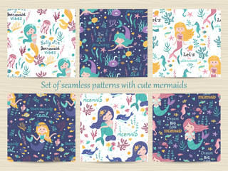 Set of seamless patterns with cute mermaid