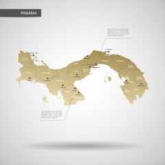 Obraz premium Stylized vector Panama map. Infographic 3d gold map illustration with cities, borders, capital, administrative divisions and pointer marks, shadow; gradient background. 