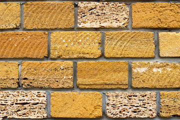 Background of yellow bricks. Yellow wall.