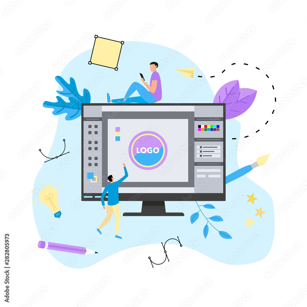 Poster flat vector graphic design concept with designer with an open design application with a creative pro