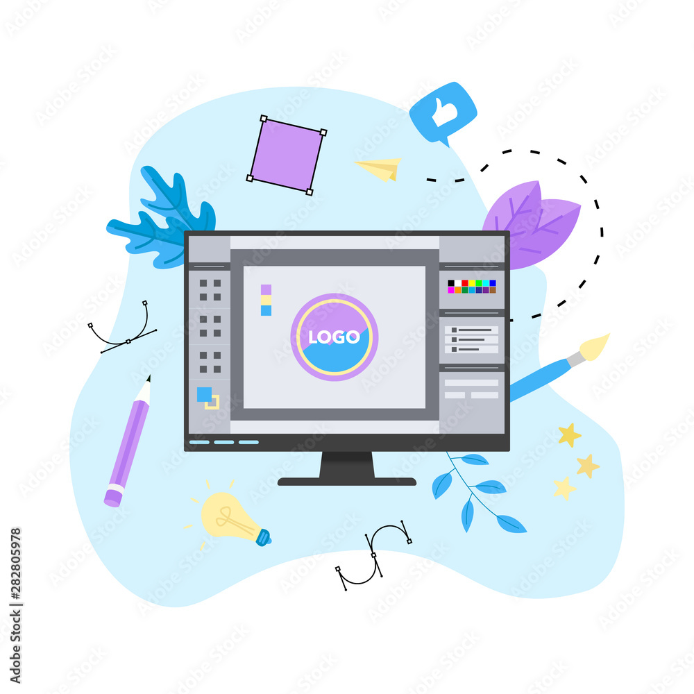 Poster flat vector graphic design concept with designer with an open design application with a creative pro