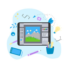 Flat vector graphic drawing concept with open illustration application with a creative project	