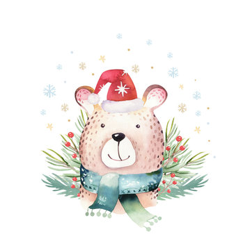 Watercolor cute baby bear cartoon animal portrait design. Winter holiday card on white background. New year decoration, merry christmas elements