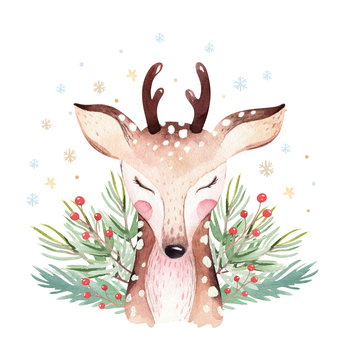 Watercolor cute cartoon deer animal portrait design. Winter holiday card on white background. New year fawn decoration, merry christmas postcard