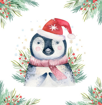 Watercolor cute baby penguin cartoon animal portrait design. Winter holiday card on white background. New year decoration, merry christmas element © kris_art