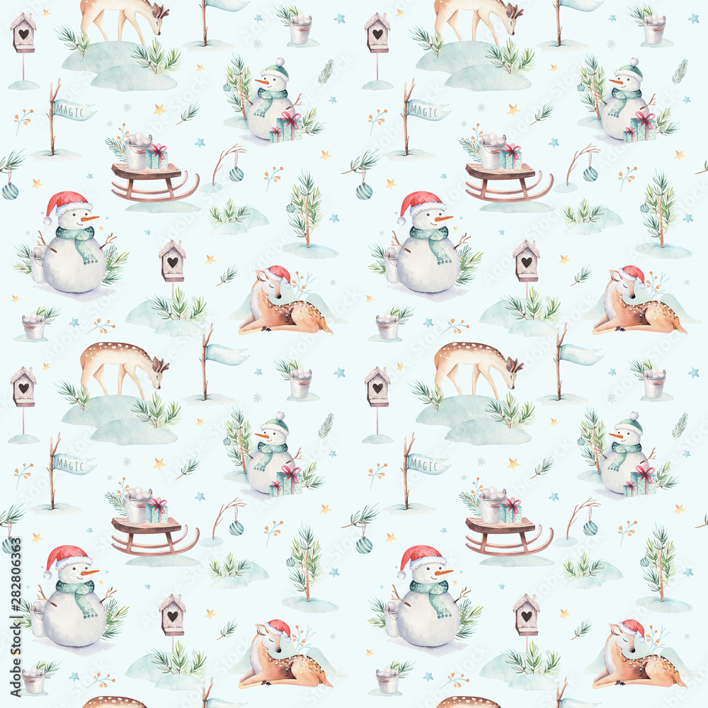 Wall mural watercolor seamless pattern with cute baby deer, snowman, bunny and deer cartoon animal portrait des