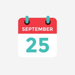 Flat icon calendar, 25 September. Date, day and month. Vector illustration.