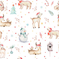 Aquarel naadloze patroon met schattige baby Beer, sneeuwpop, vogels en herten cartoon dierlijk portret ontwerp. Winter kerstkaart op wit. Nieuwjaarsdecoratie, vrolijk kerstelement