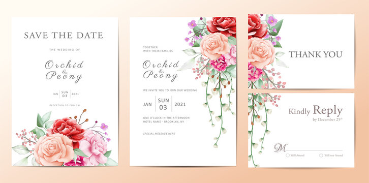Romantic flowers wedding invitation cards template set