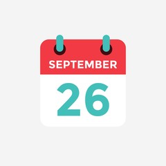 Flat icon calendar, 26 September. Date, day and month. Vector illustration.