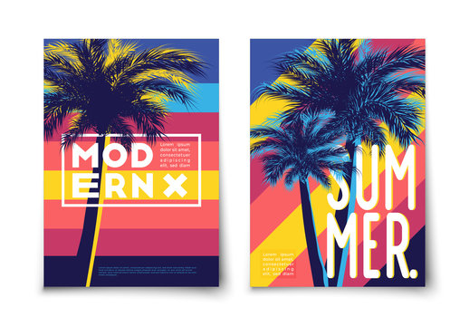 Palm trees with bright colored lined background