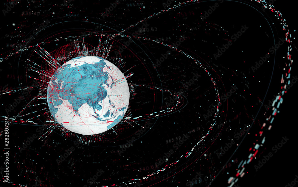 Poster 3d data globe - abstract illustration of a scientific technology data network surrounding planet earth conveying connectivity, complexity and data flood of modern digital age