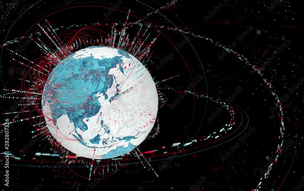 Poster 3d data globe - abstract illustration of a scientific technology data network surrounding planet earth conveying connectivity, complexity and data flood of modern digital age