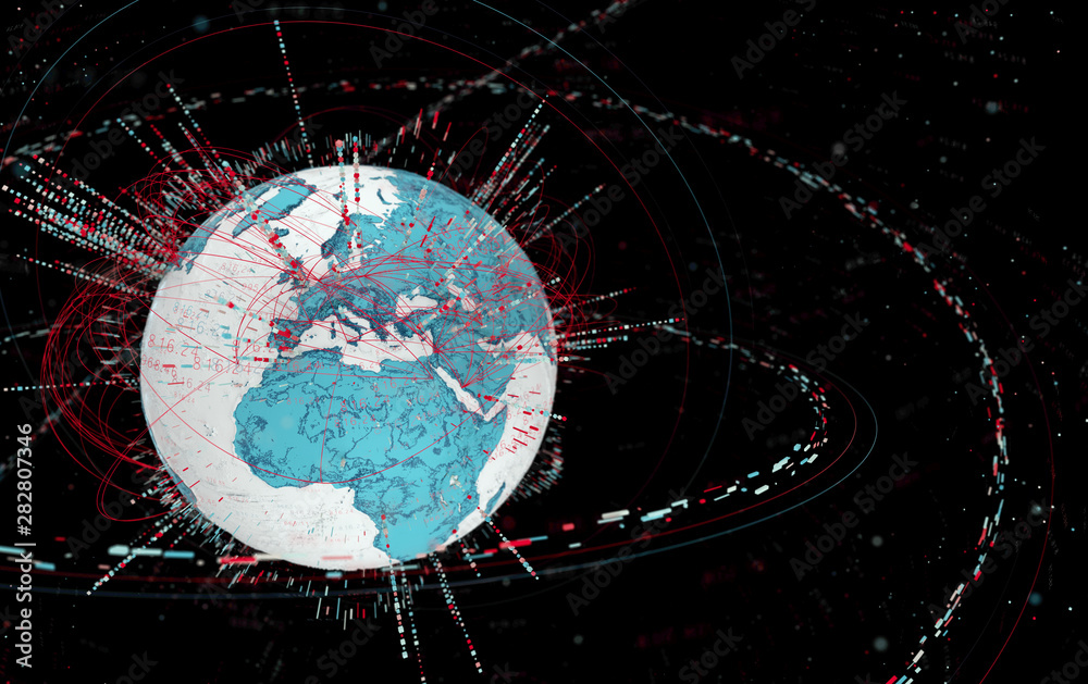 Aufkleber 3d data globe - abstract illustration of a scientific technology data network surrounding planet earth conveying connectivity, complexity and data flood of modern digital age