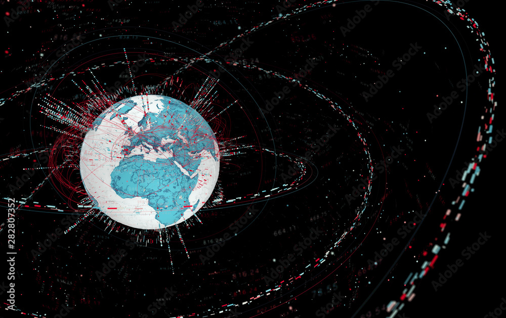 Aufkleber 3d data globe - abstract illustration of a scientific technology data network surrounding planet earth conveying connectivity, complexity and data flood of modern digital age