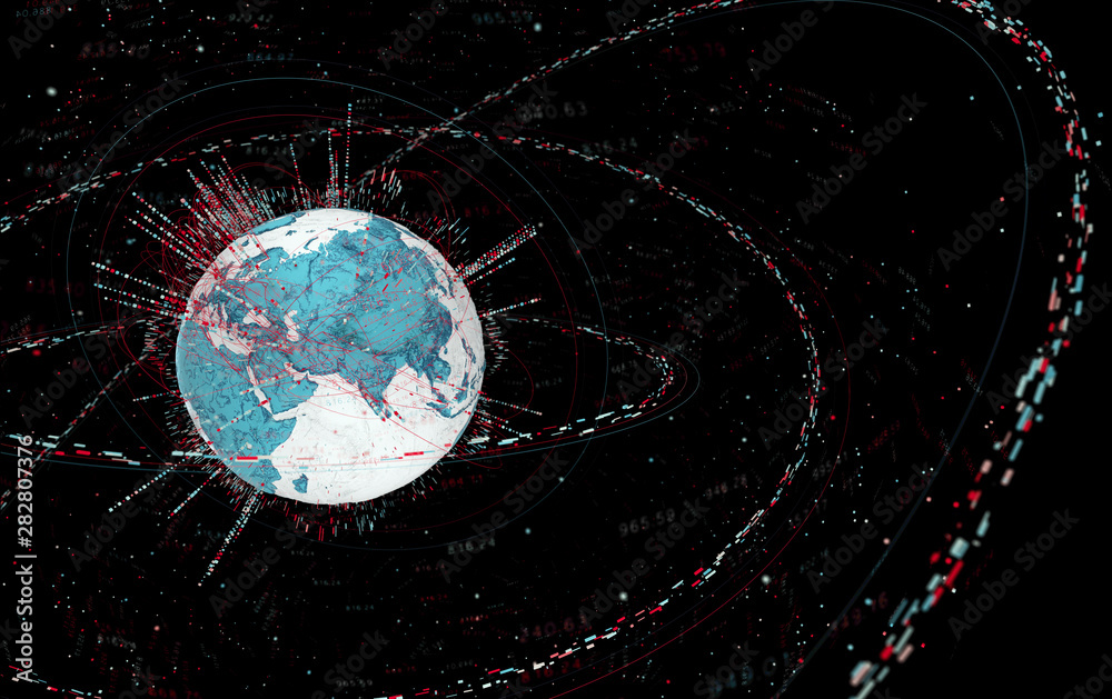 Poster 3d data globe - abstract illustration of a scientific technology data network surrounding planet earth conveying connectivity, complexity and data flood of modern digital age